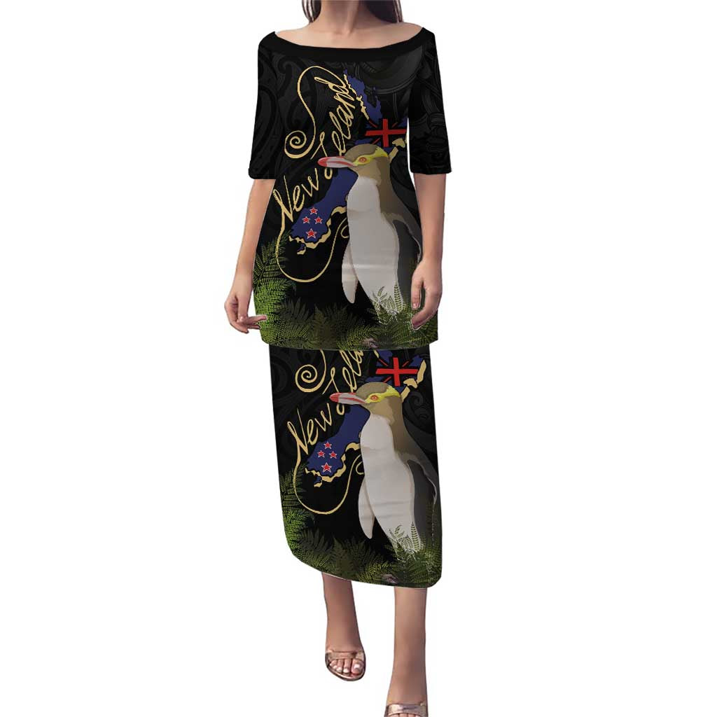 New Zealand Hoiho Puletasi Maori Art Tattoo and Silver Fern LT03 Long Dress Black - Polynesian Pride