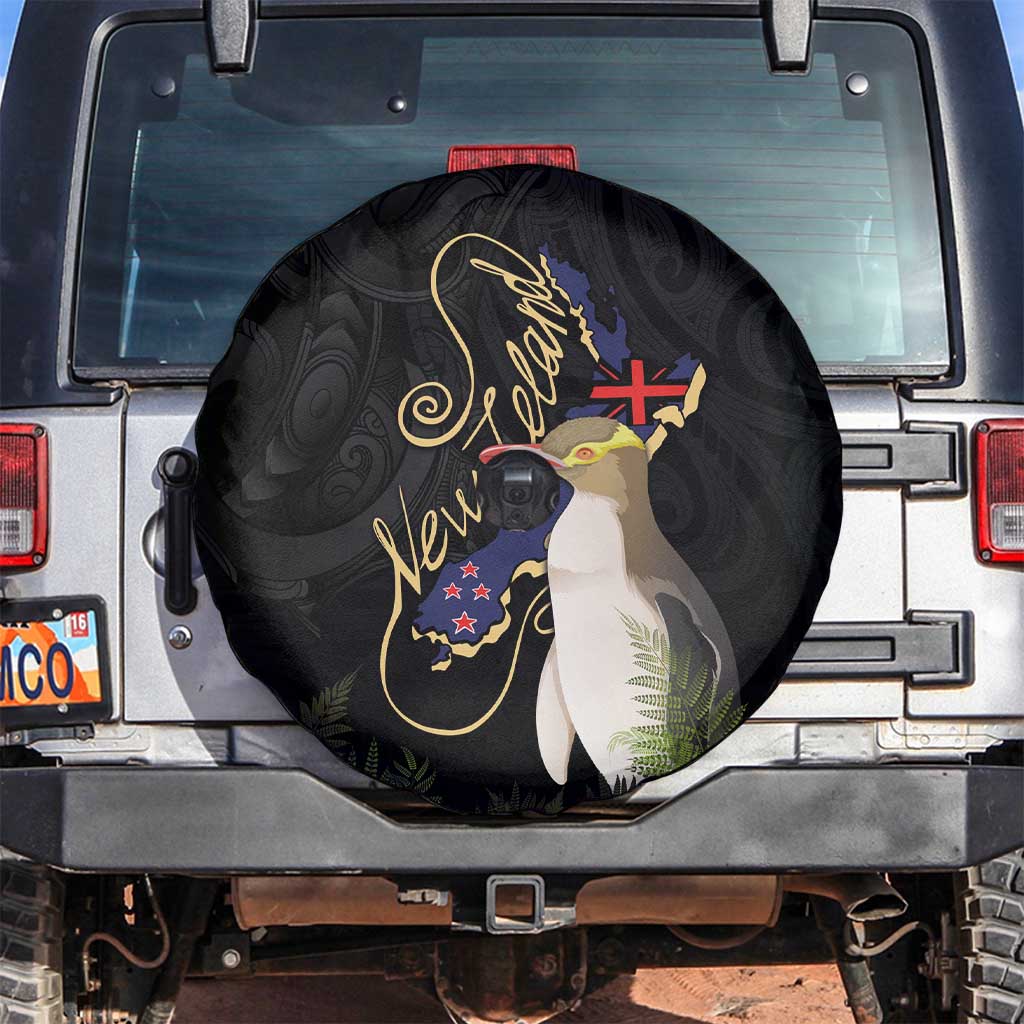 New Zealand Hoiho Spare Tire Cover Maori Art Tattoo and Silver Fern LT03 Black - Polynesian Pride