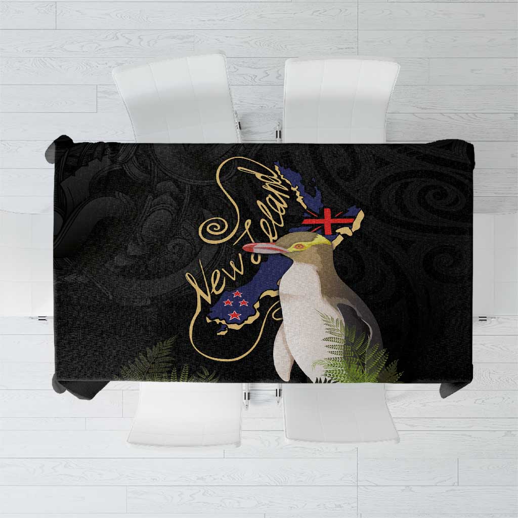 New Zealand Hoiho Tablecloth Maori Art Tattoo and Silver Fern LT03 Black - Polynesian Pride