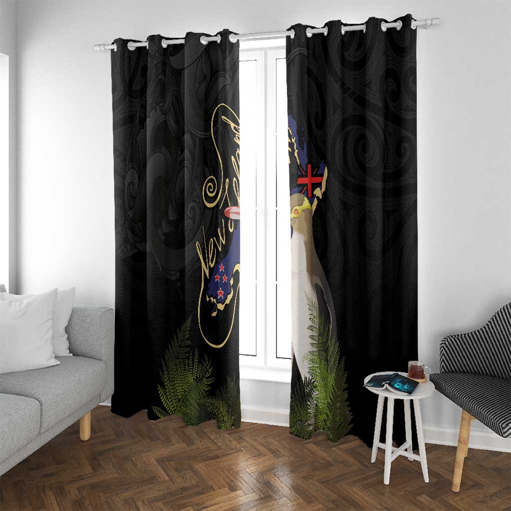 New Zealand Hoiho Window Curtain Maori Art Tattoo and Silver Fern LT03 With Grommets Black - Polynesian Pride