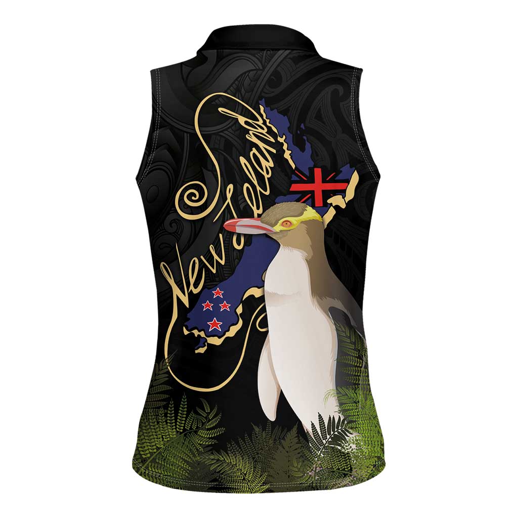 New Zealand Hoiho Women Sleeveless Polo Shirt Maori Art Tattoo and Silver Fern