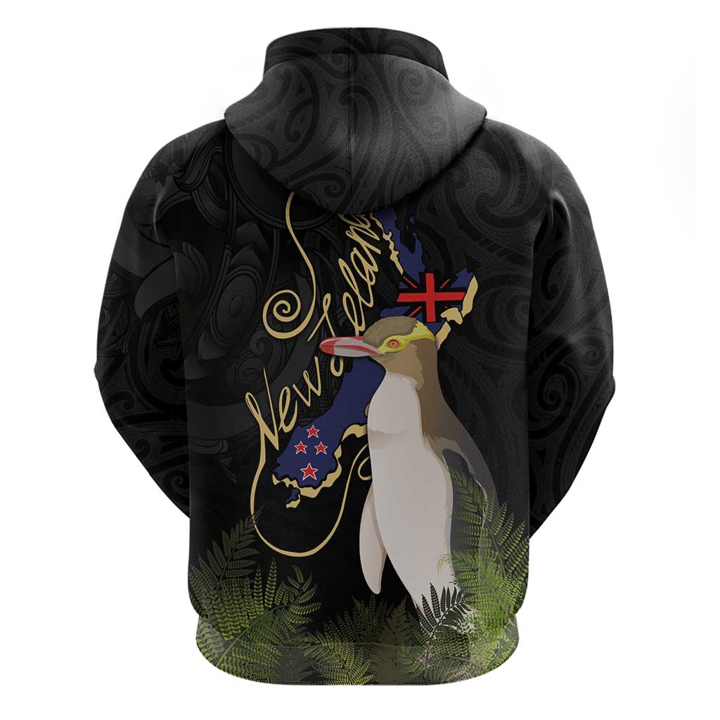 New Zealand Hoiho Zip Hoodie Maori Art Tattoo and Silver Fern