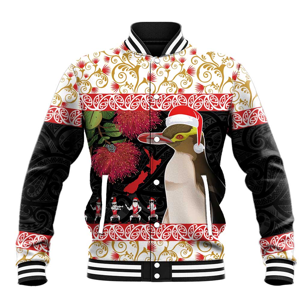 New Zealand Merry Christmas Baseball Jacket Hoiho Xmas - Haka Dance and Pohutukawa LT03 Unisex White - Polynesian Pride