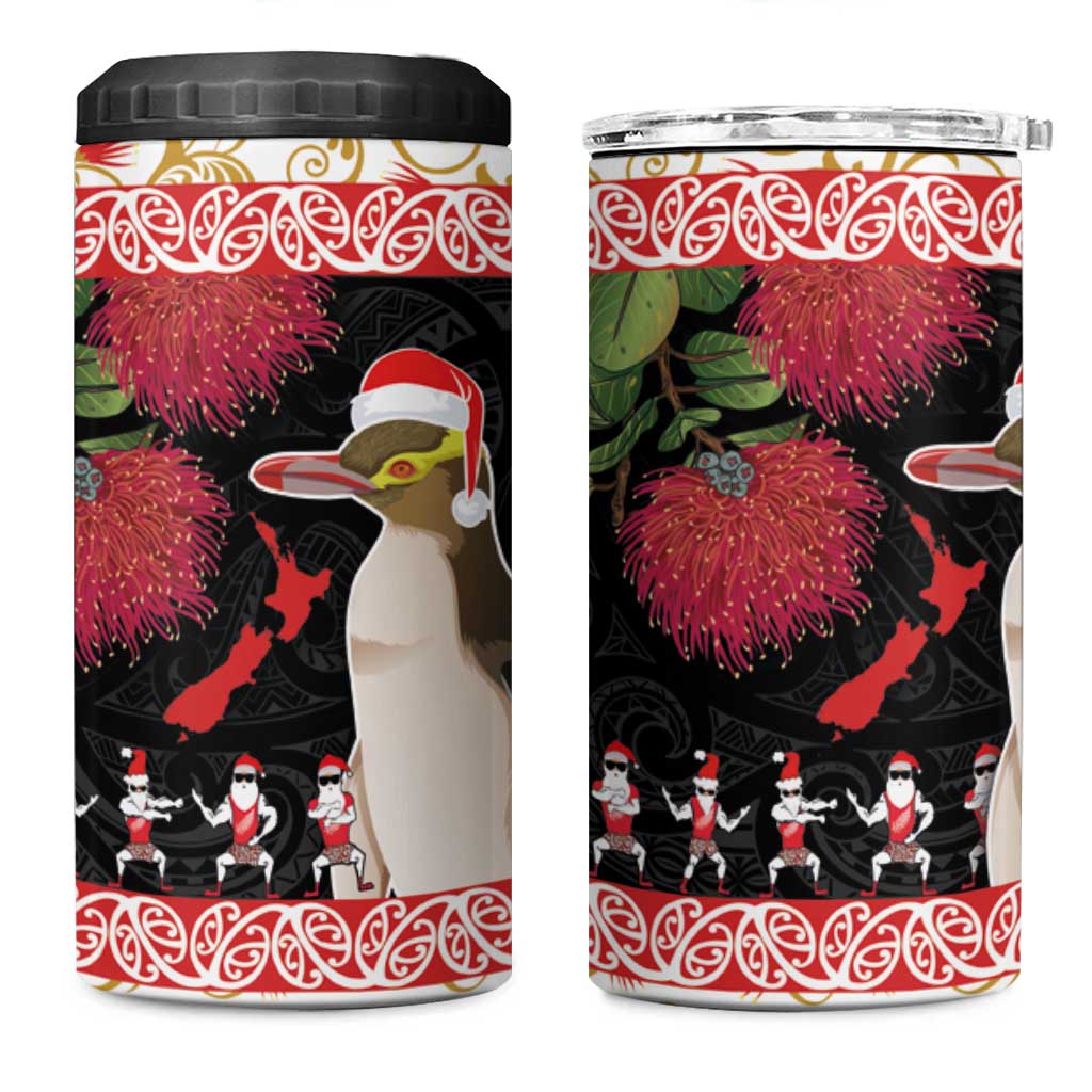 New Zealand Merry Christmas 4 in 1 Can Cooler Tumbler Hoiho Xmas - Haka Dance and Pohutukawa