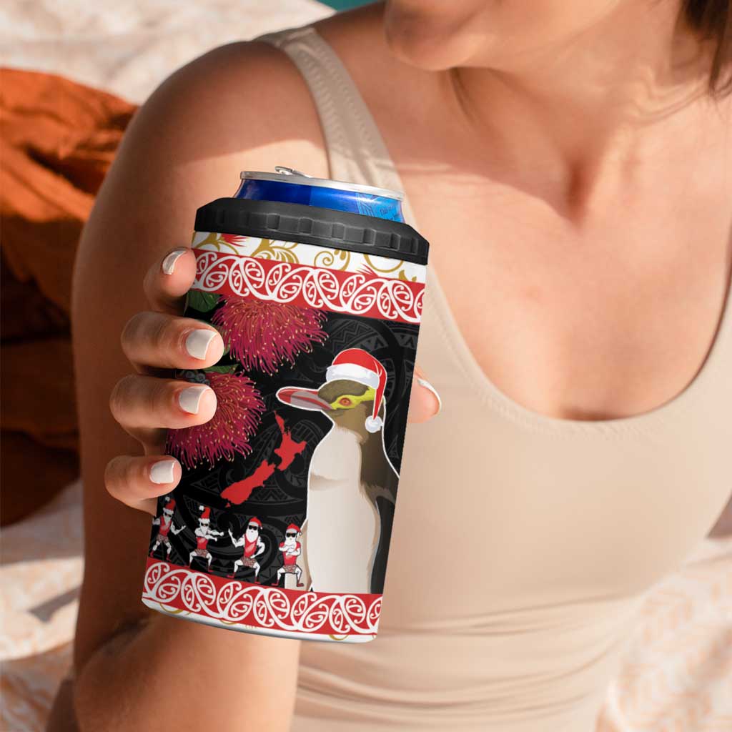 New Zealand Merry Christmas 4 in 1 Can Cooler Tumbler Hoiho Xmas - Haka Dance and Pohutukawa