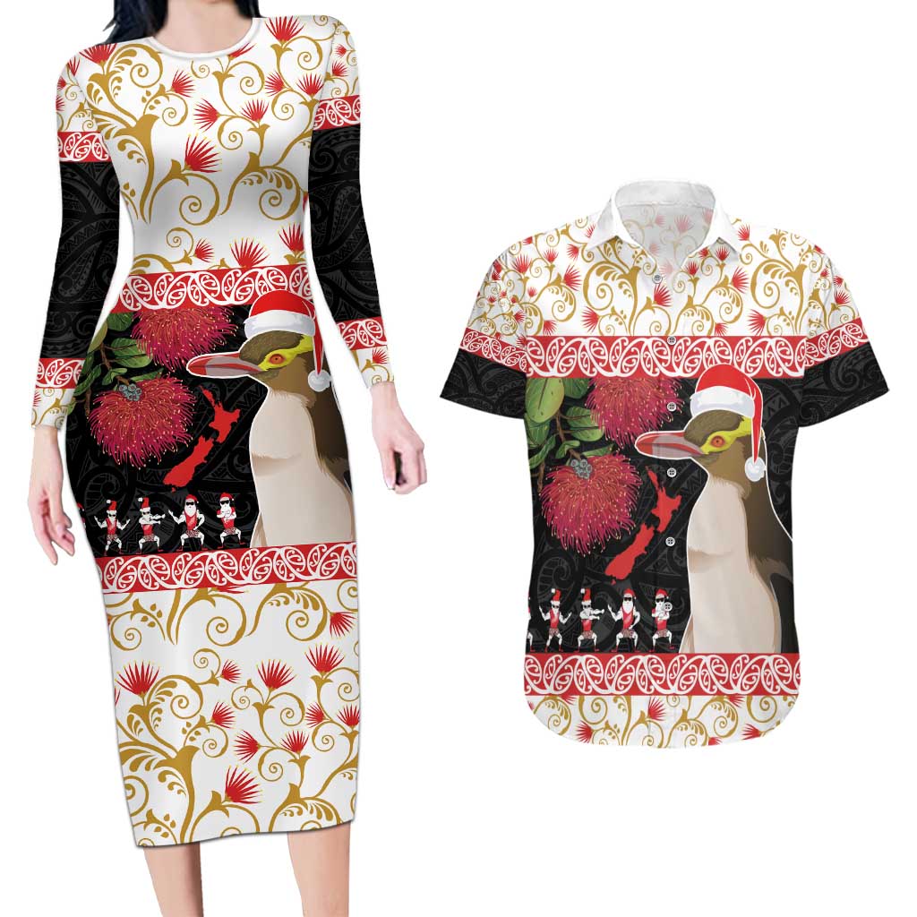 New Zealand Merry Christmas Couples Matching Long Sleeve Bodycon Dress and Hawaiian Shirt Hoiho Xmas - Haka Dance and Pohutukawa