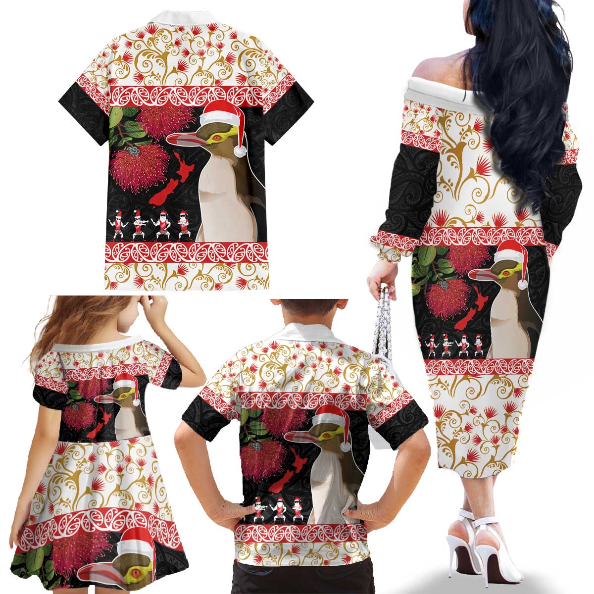 New Zealand Merry Christmas Family Matching Off The Shoulder Long Sleeve Dress and Hawaiian Shirt Hoiho Xmas - Haka Dance and Pohutukawa