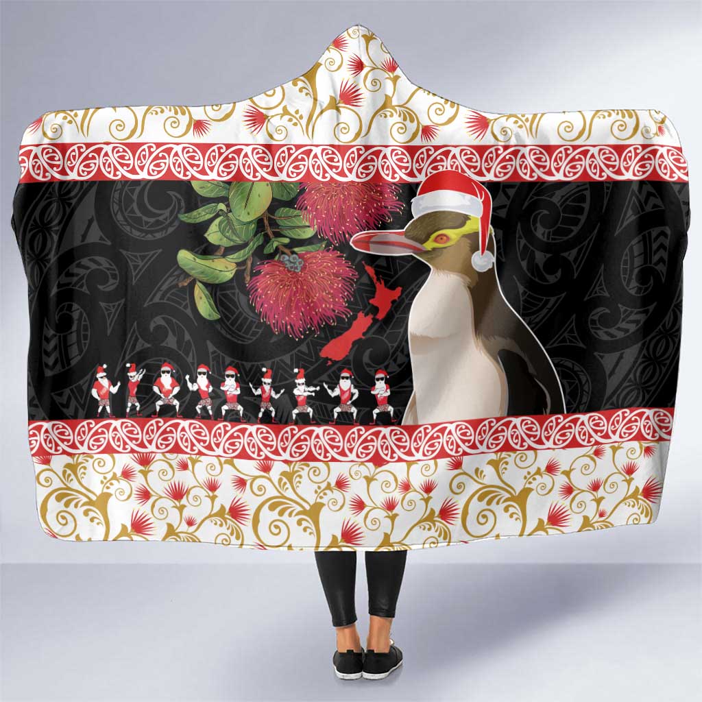 New Zealand Merry Christmas Hooded Blanket Hoiho Xmas - Haka Dance and Pohutukawa