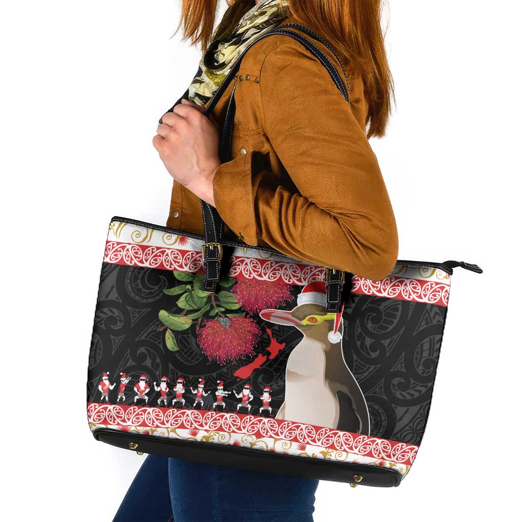 New Zealand Merry Christmas Leather Tote Bag Hoiho Xmas - Haka Dance and Pohutukawa