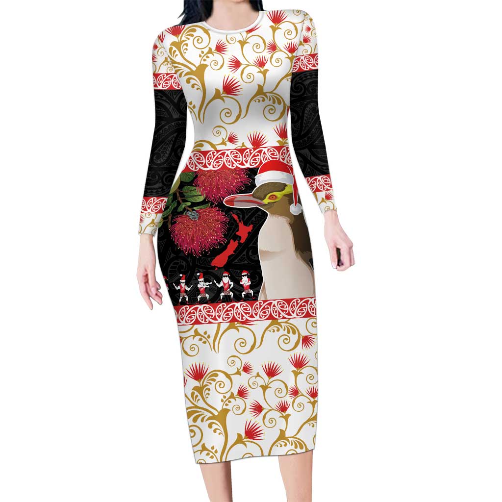 New Zealand Merry Christmas Long Sleeve Bodycon Dress Hoiho Xmas - Haka Dance and Pohutukawa