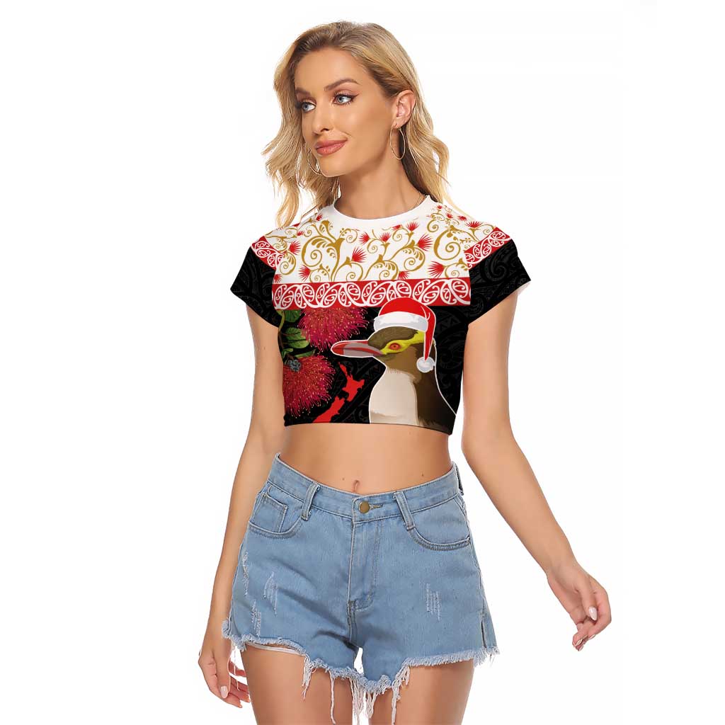 New Zealand Merry Christmas Raglan Cropped T Shirt Hoiho Xmas - Haka Dance and Pohutukawa LT03 Female White - Polynesian Pride