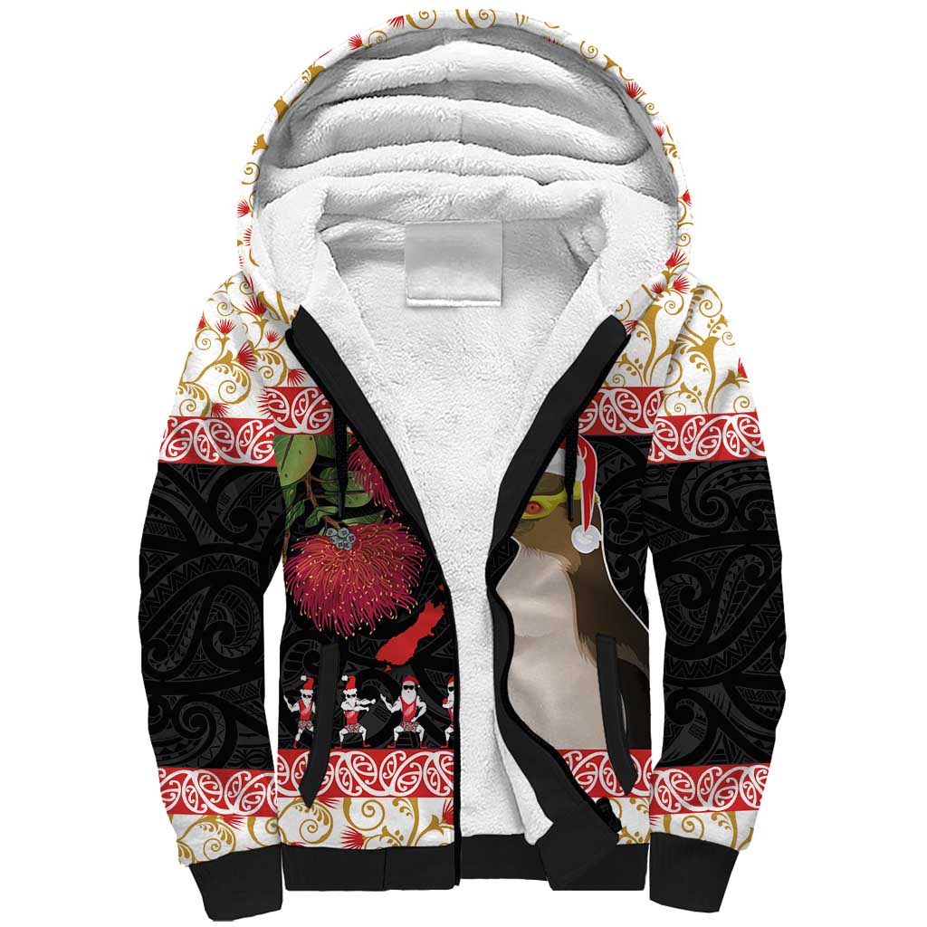 New Zealand Merry Christmas Sherpa Hoodie Hoiho Xmas - Haka Dance and Pohutukawa LT03 Unisex White - Polynesian Pride