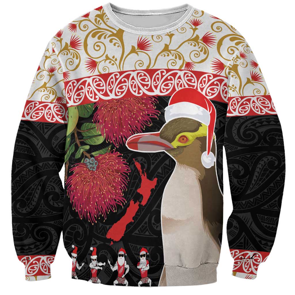 New Zealand Merry Christmas Sweatshirt Hoiho Xmas - Haka Dance and Pohutukawa LT03 Unisex White - Polynesian Pride