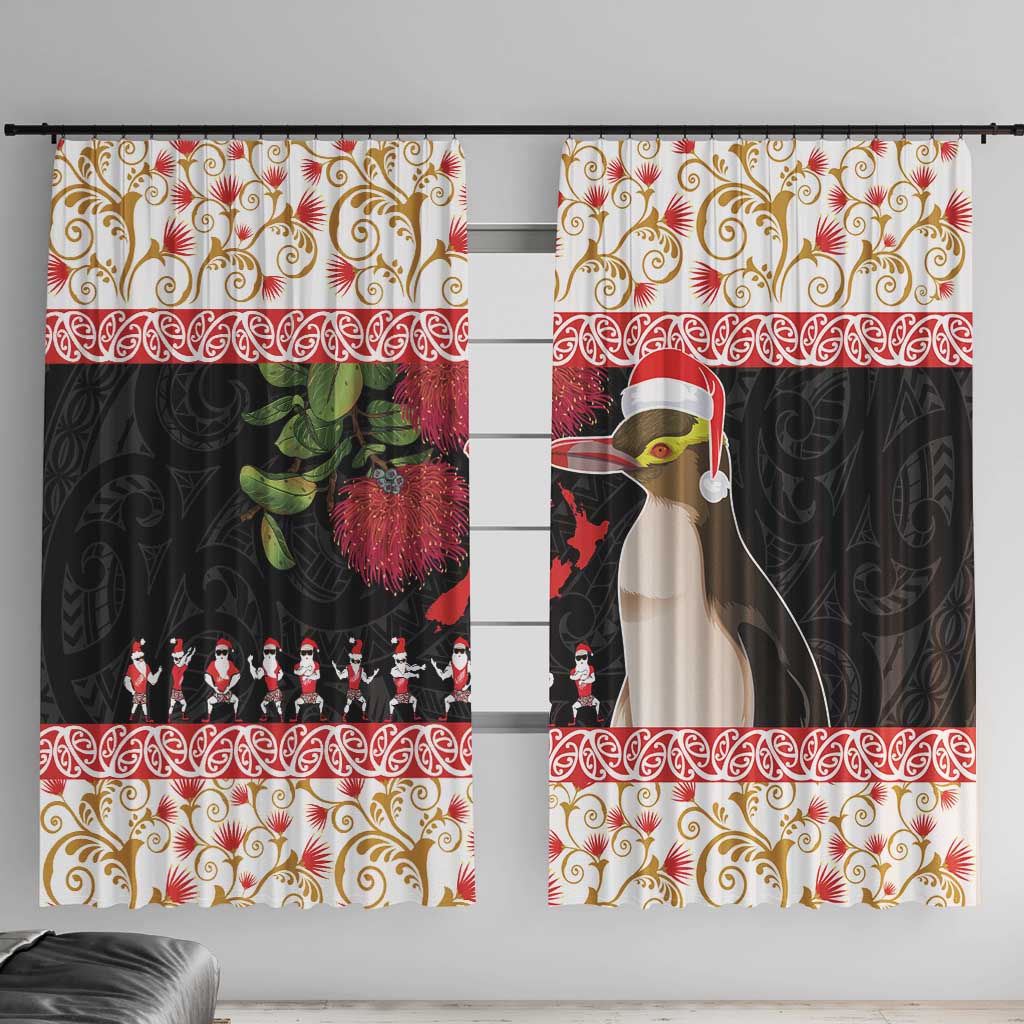New Zealand Merry Christmas Window Curtain Hoiho Xmas - Haka Dance and Pohutukawa LT03 With Hooks White - Polynesian Pride