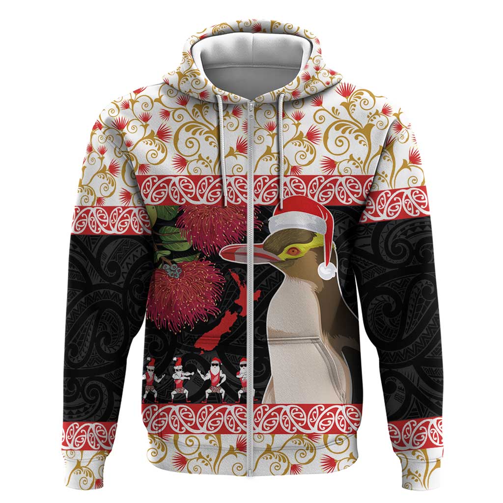 New Zealand Merry Christmas Zip Hoodie Hoiho Xmas - Haka Dance and Pohutukawa