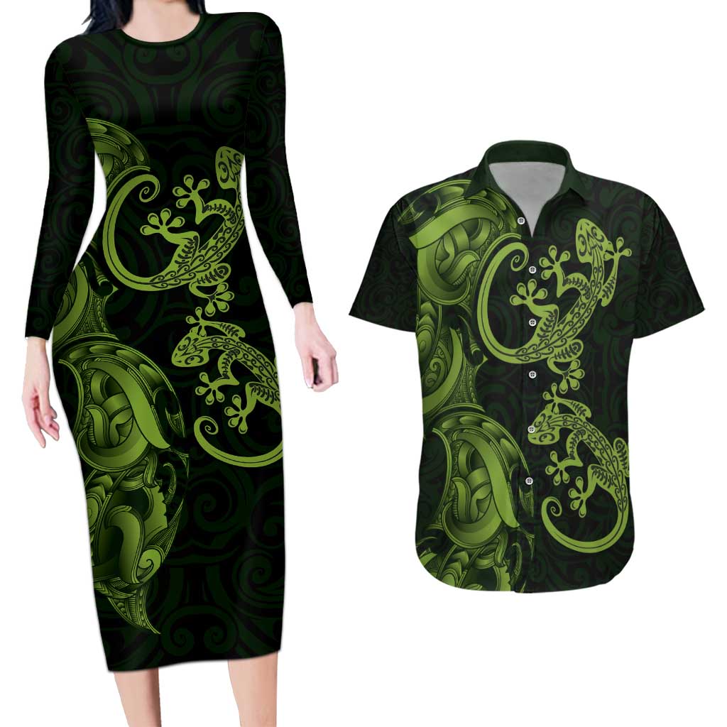 New Zealand Gecko Maori Art Tattoo Couples Matching Long Sleeve Bodycon Dress and Hawaiian Shirt