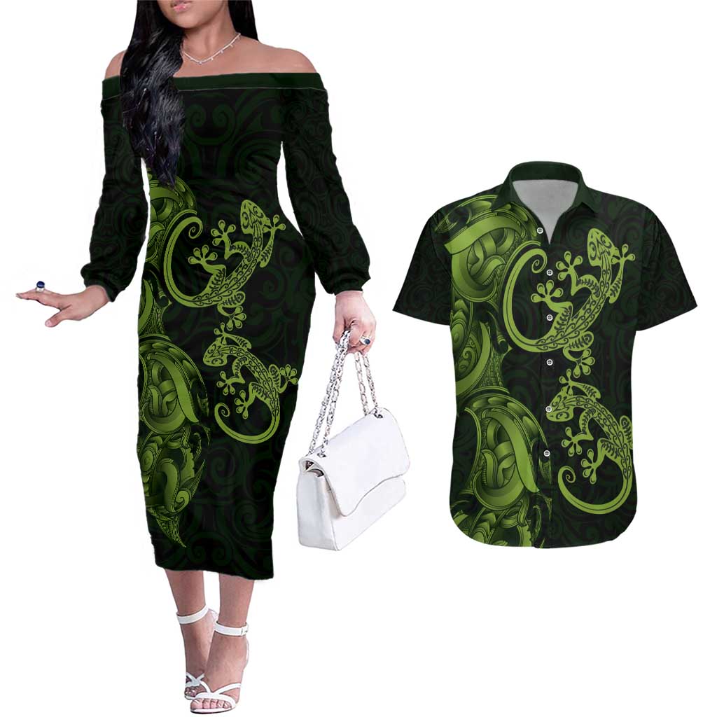 New Zealand Gecko Maori Art Tattoo Couples Matching Off The Shoulder Long Sleeve Dress and Hawaiian Shirt LT03 Green - Polynesian Pride