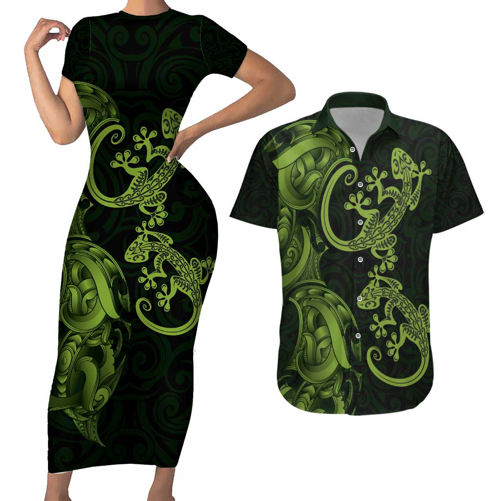 New Zealand Gecko Maori Art Tattoo Couples Matching Short Sleeve Bodycon Dress and Hawaiian Shirt LT03 Green - Polynesian Pride