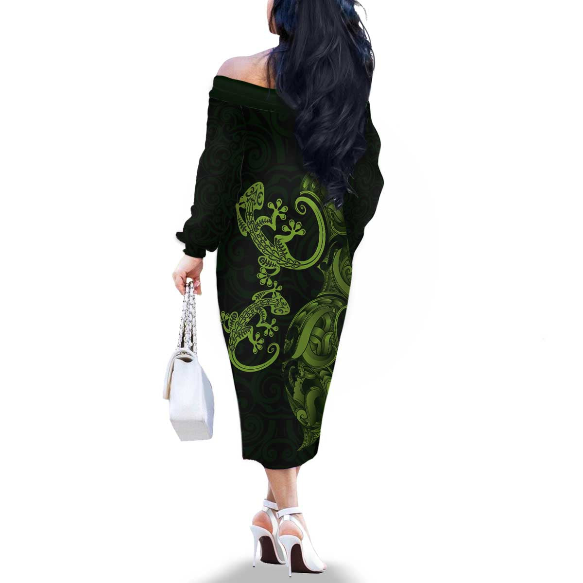 New Zealand Gecko Maori Art Tattoo Family Matching Off The Shoulder Long Sleeve Dress and Hawaiian Shirt