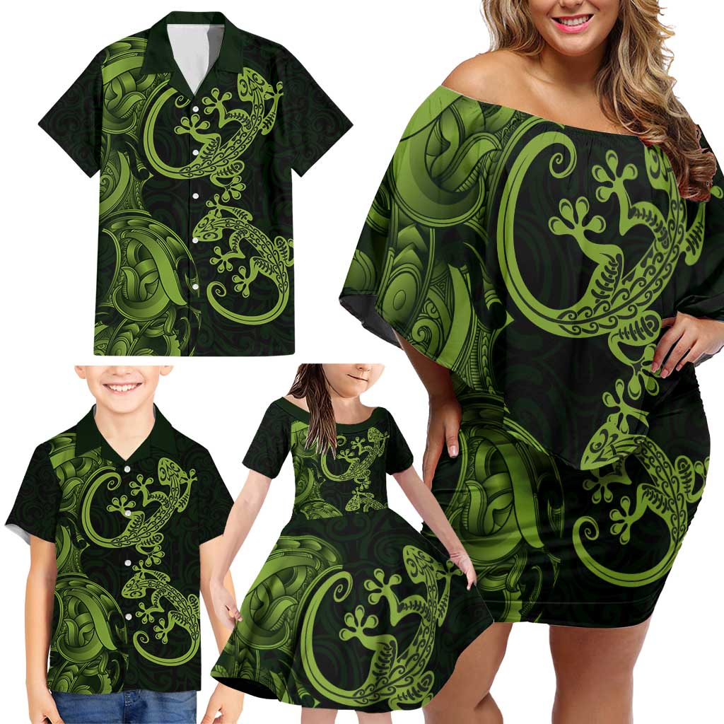 New Zealand Gecko Maori Art Tattoo Family Matching Off Shoulder Short Dress and Hawaiian Shirt