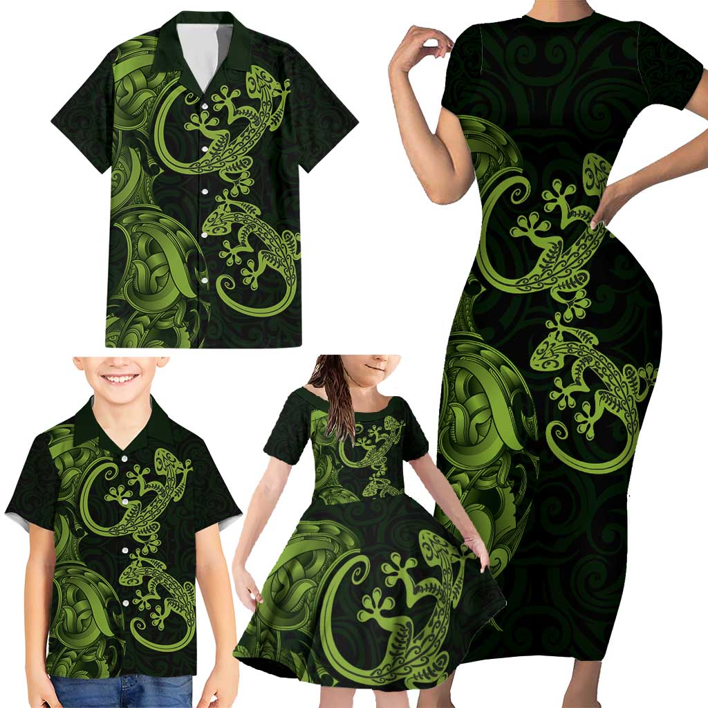 New Zealand Gecko Maori Art Tattoo Family Matching Short Sleeve Bodycon Dress and Hawaiian Shirt