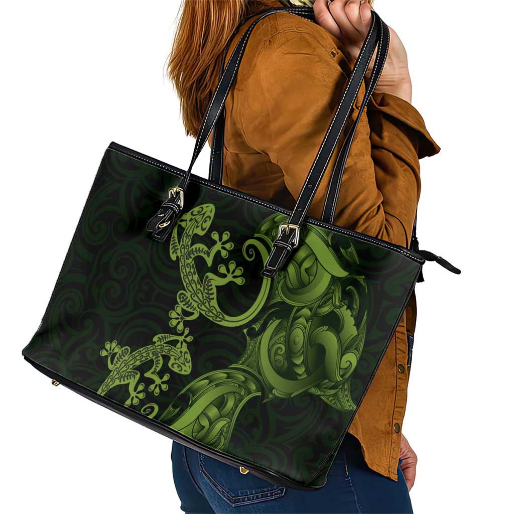 New Zealand Gecko Maori Art Tattoo Leather Tote Bag LT03 - Polynesian Pride