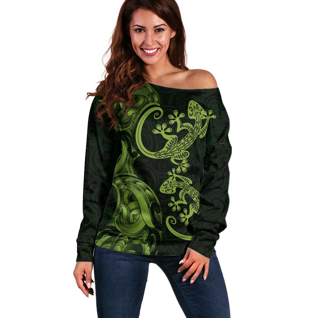 New Zealand Gecko Maori Art Tattoo Off Shoulder Sweater