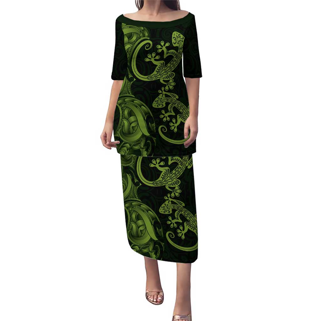 New Zealand Gecko Maori Art Tattoo Puletasi LT03 Long Dress Green - Polynesian Pride