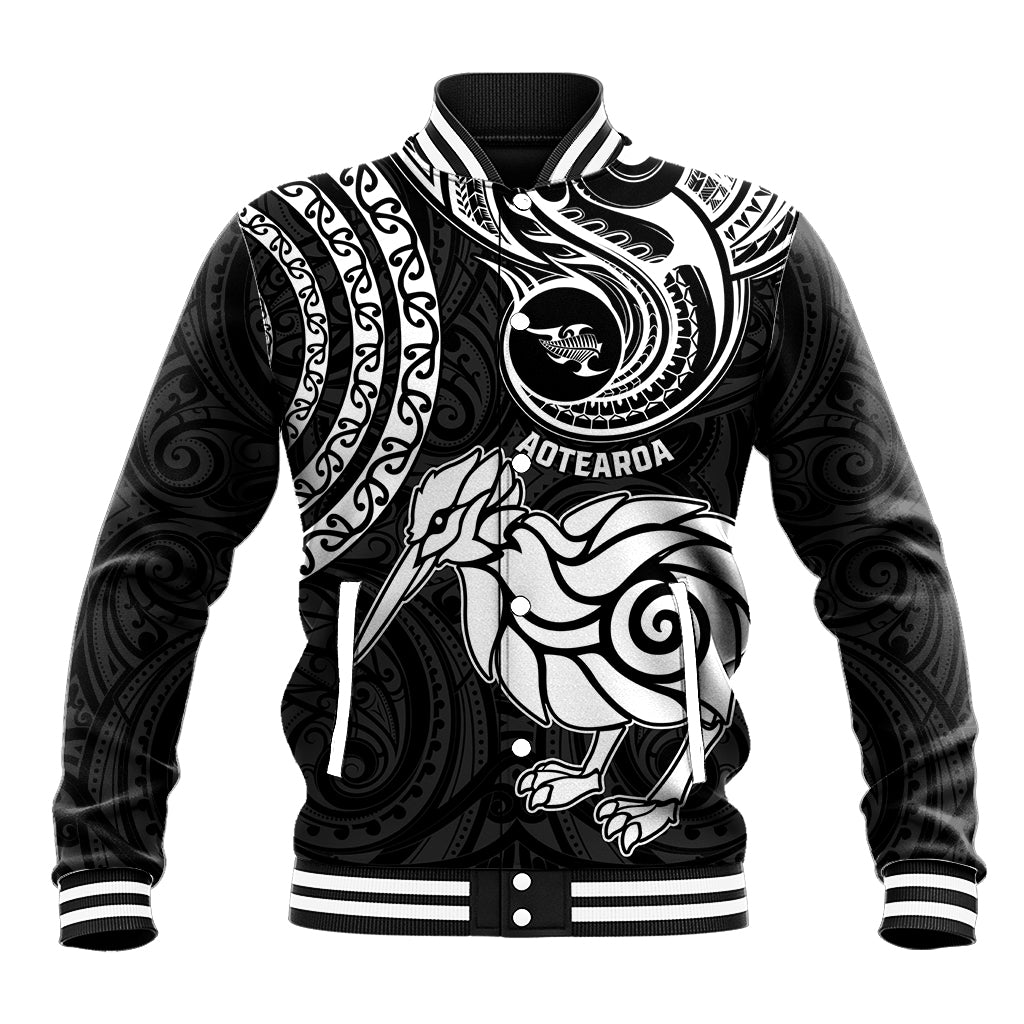 New Zealand Baseball Jacket Stylized Kiwi Bird Tattoo Mix Koru Circle and Maori Ethnic Vibe LT03 Unisex Black - Polynesian Pride