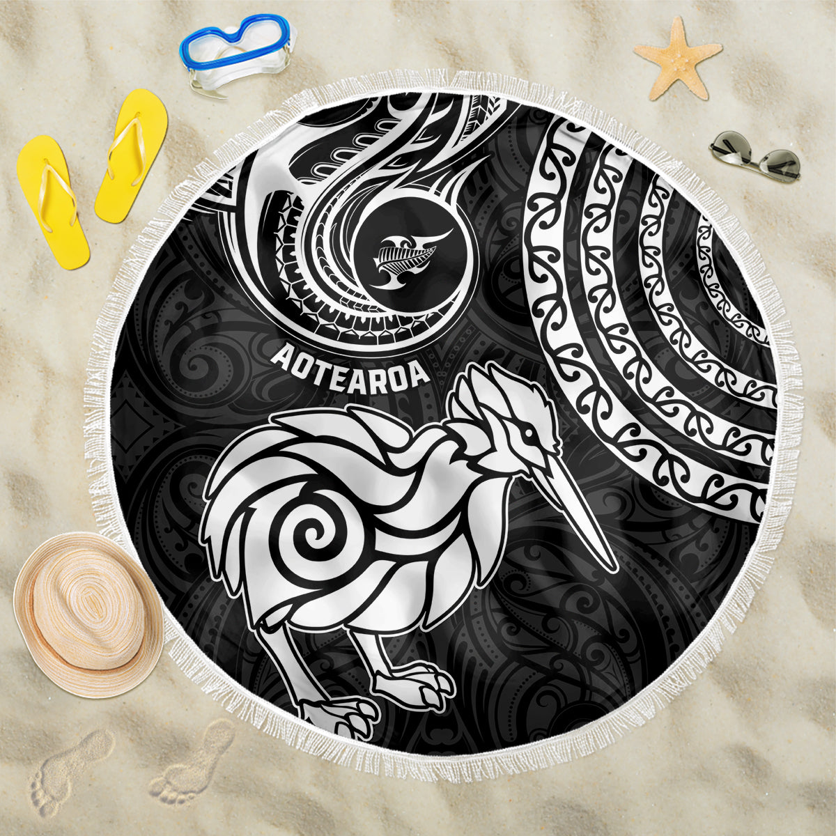 New Zealand Beach Blanket Stylized Kiwi Bird Tattoo Mix Koru Circle and Maori Ethnic Vibe LT03 One Size 150cm Black - Polynesian Pride