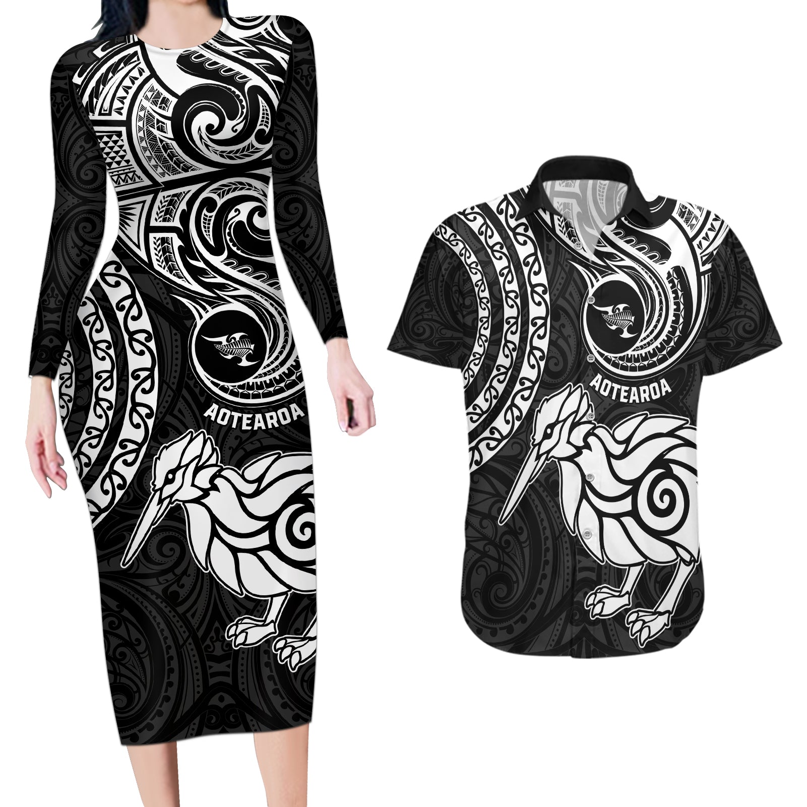 New Zealand Couples Matching Long Sleeve Bodycon Dress and Hawaiian Shirt Stylized Kiwi Bird Tattoo Mix Koru Circle and Maori Ethnic Vibe LT03 Black - Polynesian Pride