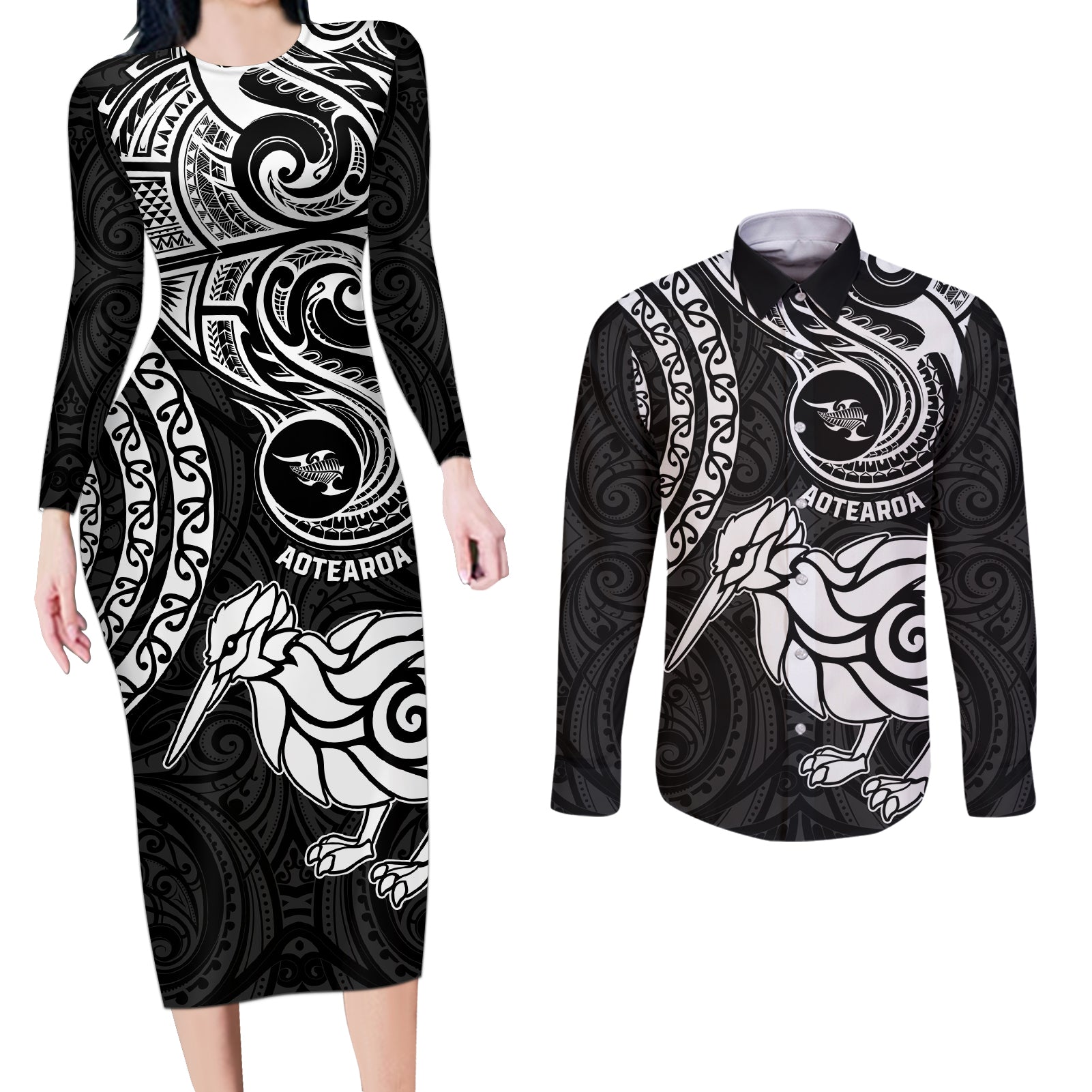 New Zealand Couples Matching Long Sleeve Bodycon Dress and Long Sleeve Button Shirt Stylized Kiwi Bird Tattoo Mix Koru Circle and Maori Ethnic Vibe LT03 Black - Polynesian Pride