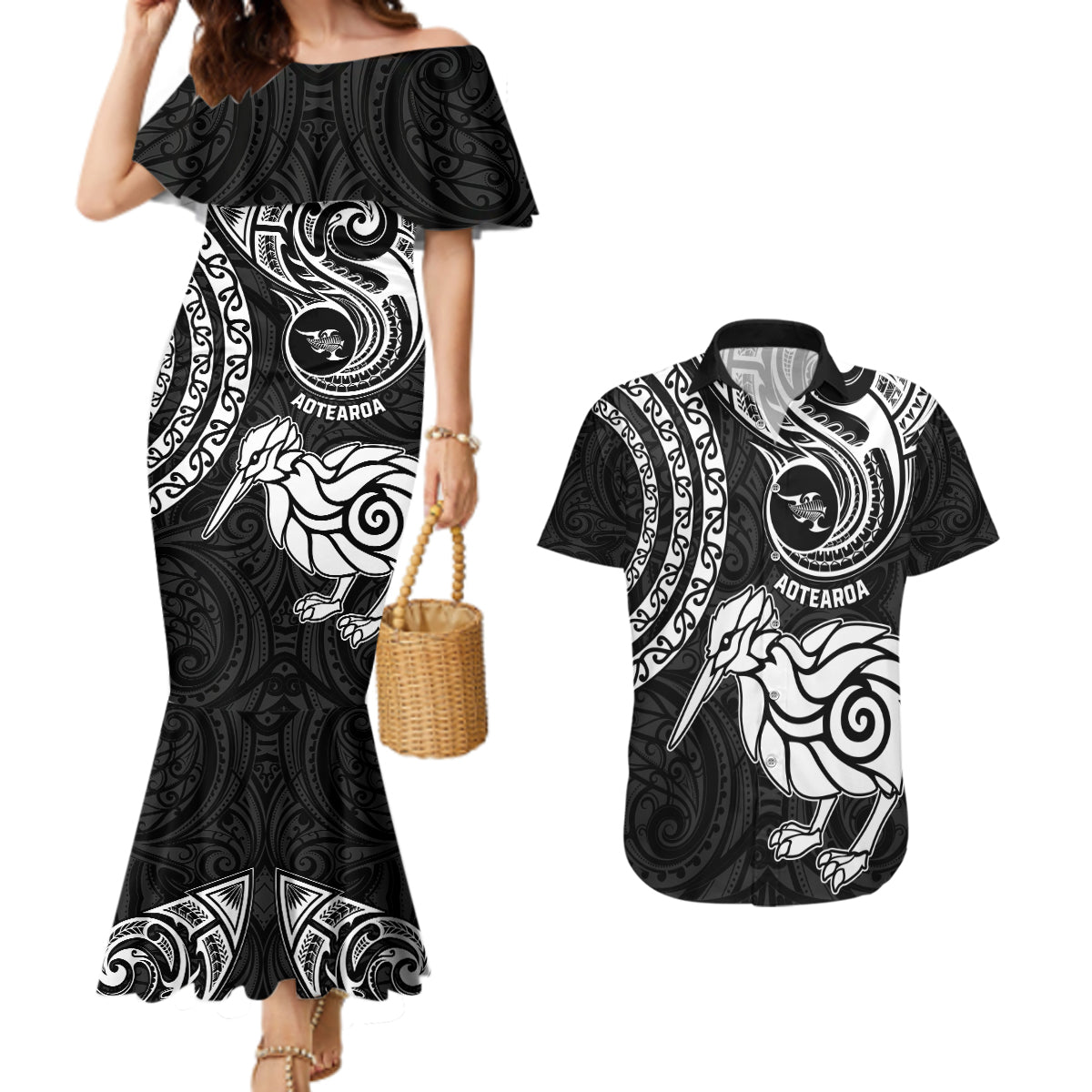 New Zealand Couples Matching Mermaid Dress and Hawaiian Shirt Stylized Kiwi Bird Tattoo Mix Koru Circle and Maori Ethnic Vibe LT03 Black - Polynesian Pride