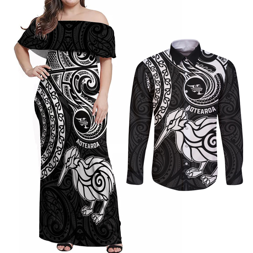 New Zealand Couples Matching Off Shoulder Maxi Dress and Long Sleeve Button Shirt Stylized Kiwi Bird Tattoo Mix Koru Circle and Maori Ethnic Vibe LT03 Black - Polynesian Pride