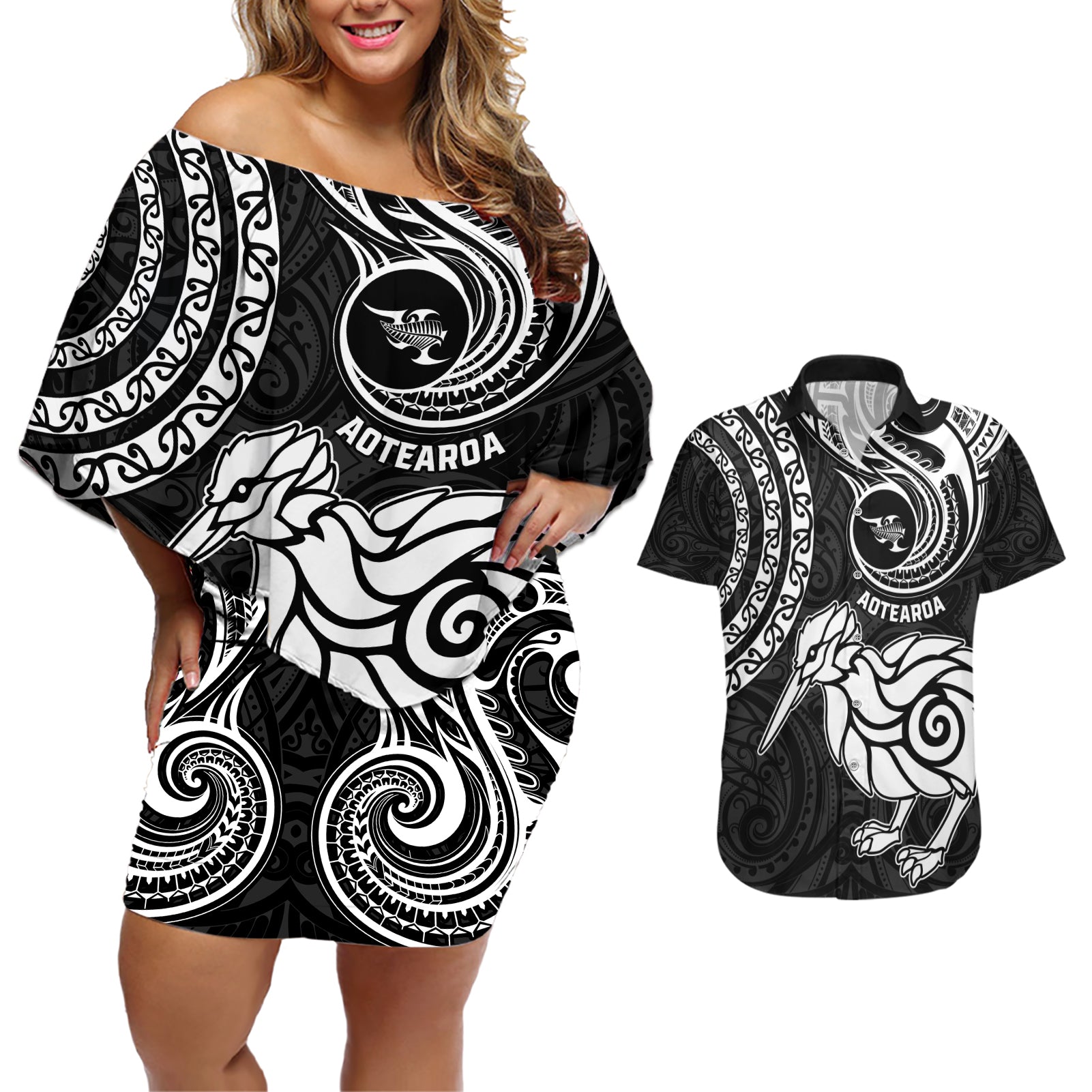 New Zealand Couples Matching Off Shoulder Short Dress and Hawaiian Shirt Stylized Kiwi Bird Tattoo Mix Koru Circle and Maori Ethnic Vibe LT03 Black - Polynesian Pride