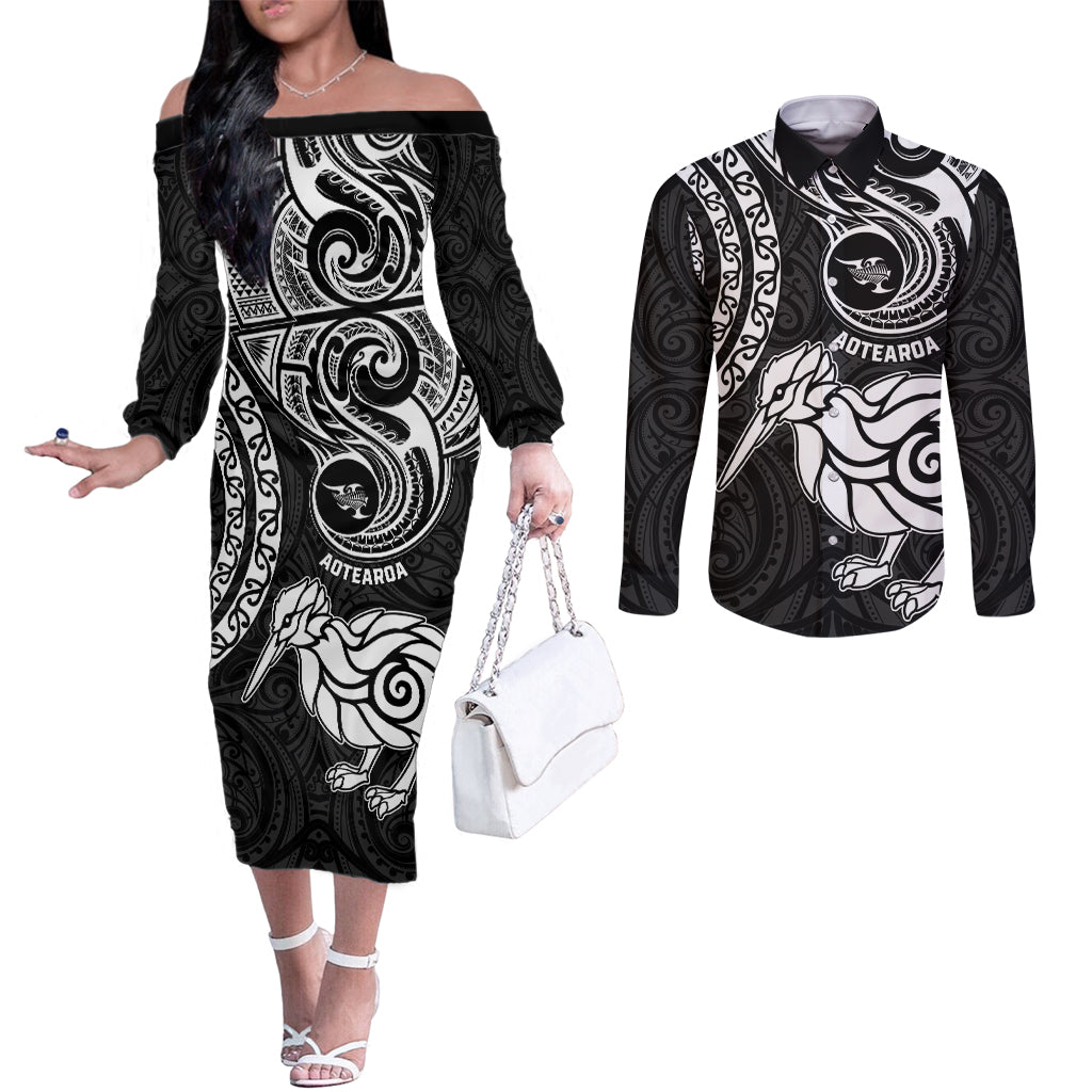 New Zealand Couples Matching Off The Shoulder Long Sleeve Dress and Long Sleeve Button Shirt Stylized Kiwi Bird Tattoo Mix Koru Circle and Maori Ethnic Vibe LT03 Black - Polynesian Pride