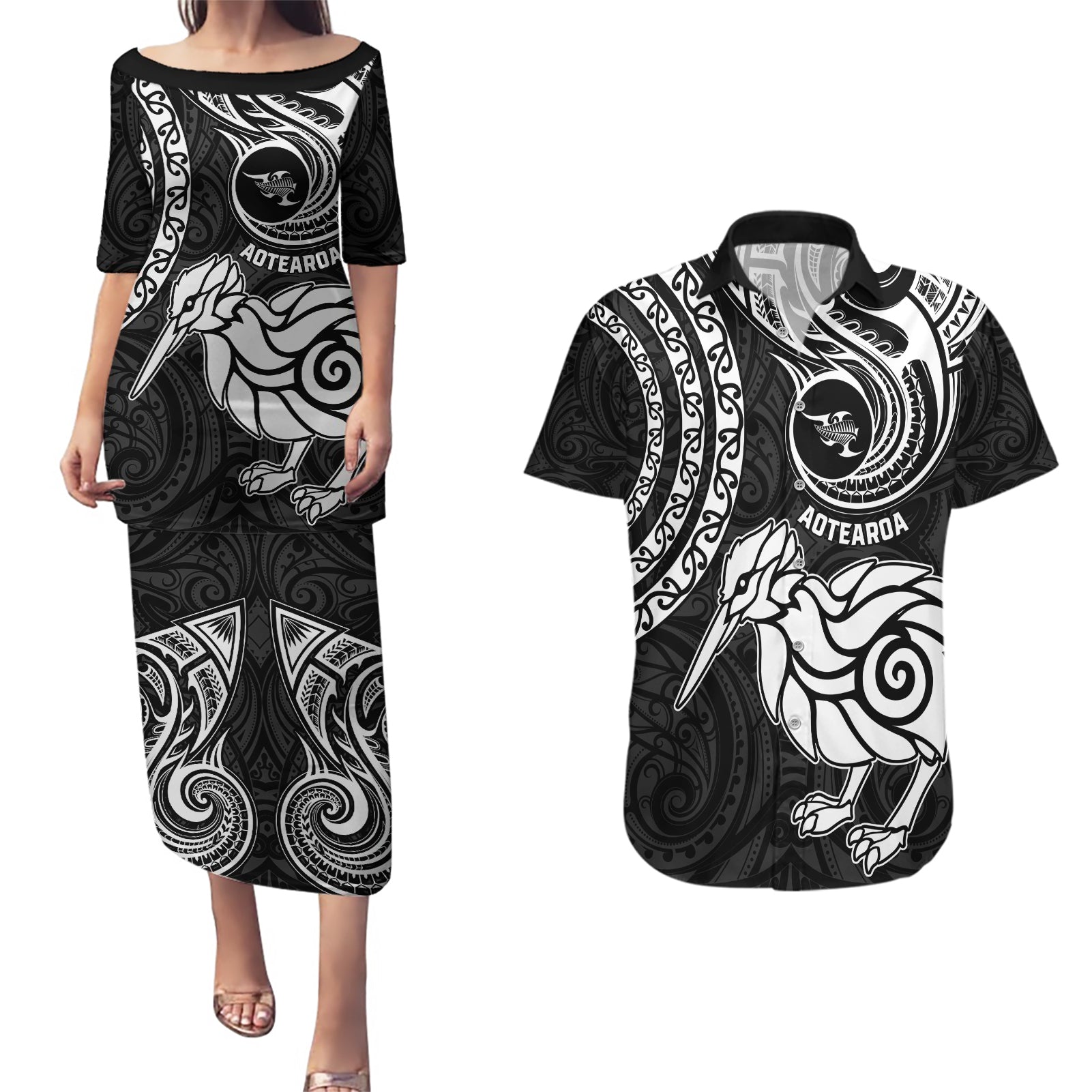 New Zealand Couples Matching Puletasi Dress and Hawaiian Shirt Stylized Kiwi Bird Tattoo Mix Koru Circle and Maori Ethnic Vibe LT03 Black - Polynesian Pride