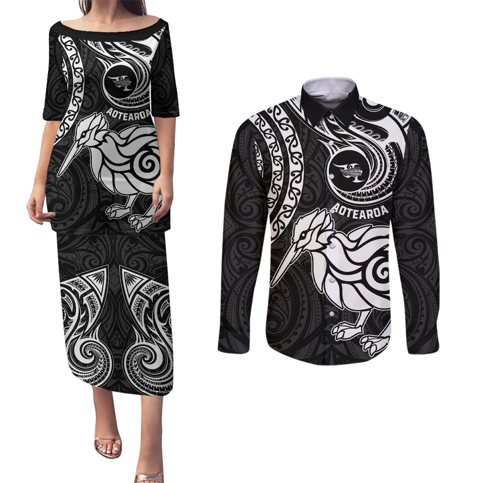 New Zealand Couples Matching Puletasi Dress and Long Sleeve Button Shirt Stylized Kiwi Bird Tattoo Mix Koru Circle and Maori Ethnic Vibe LT03 Black - Polynesian Pride