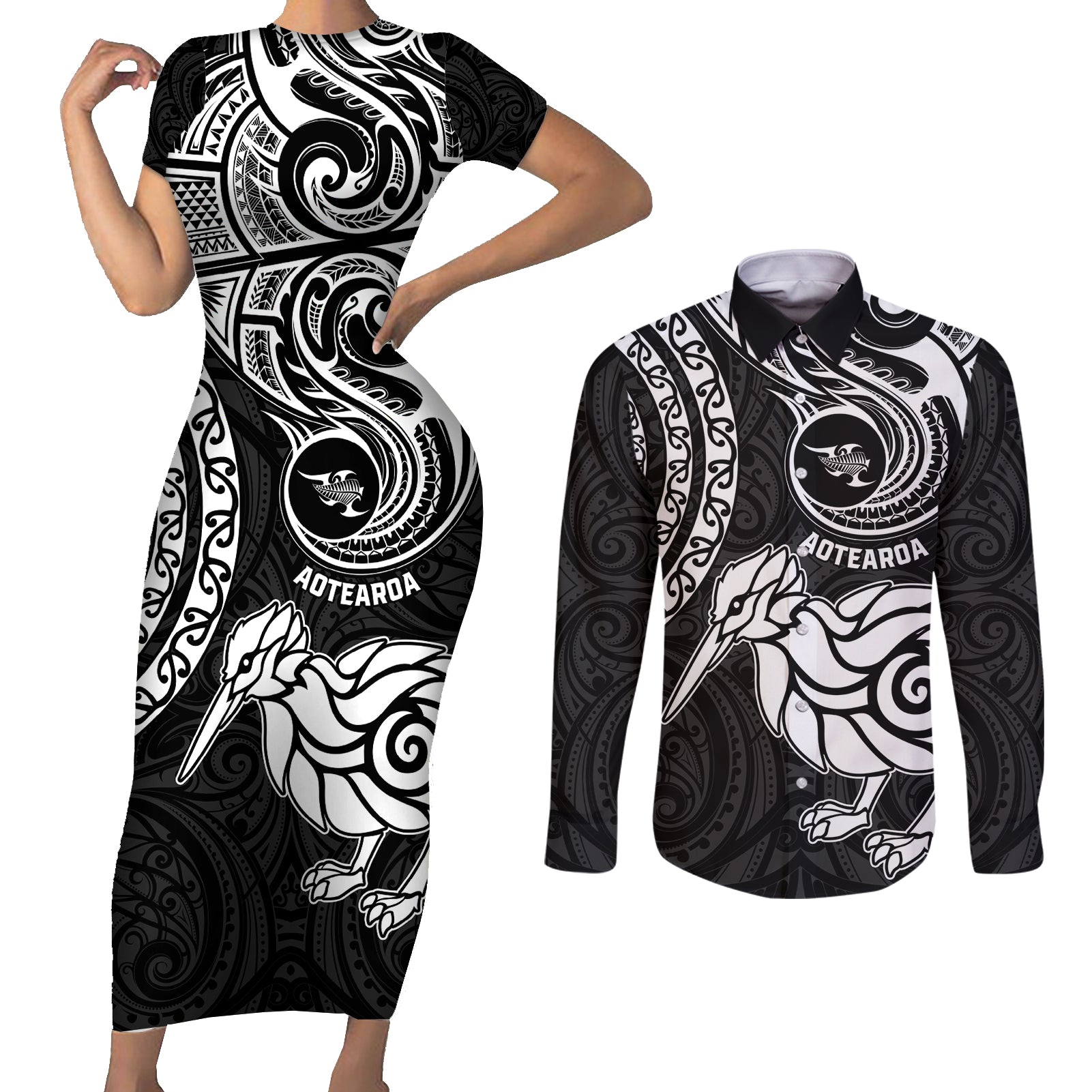 New Zealand Couples Matching Short Sleeve Bodycon Dress and Long Sleeve Button Shirt Stylized Kiwi Bird Tattoo Mix Koru Circle and Maori Ethnic Vibe LT03 Black - Polynesian Pride