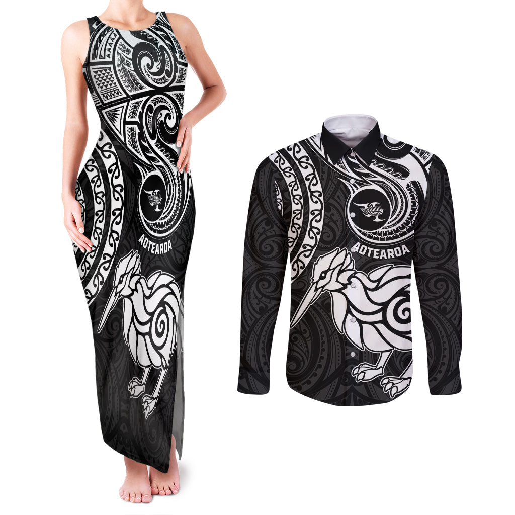 New Zealand Couples Matching Tank Maxi Dress and Long Sleeve Button Shirt Stylized Kiwi Bird Tattoo Mix Koru Circle and Maori Ethnic Vibe LT03 Black - Polynesian Pride