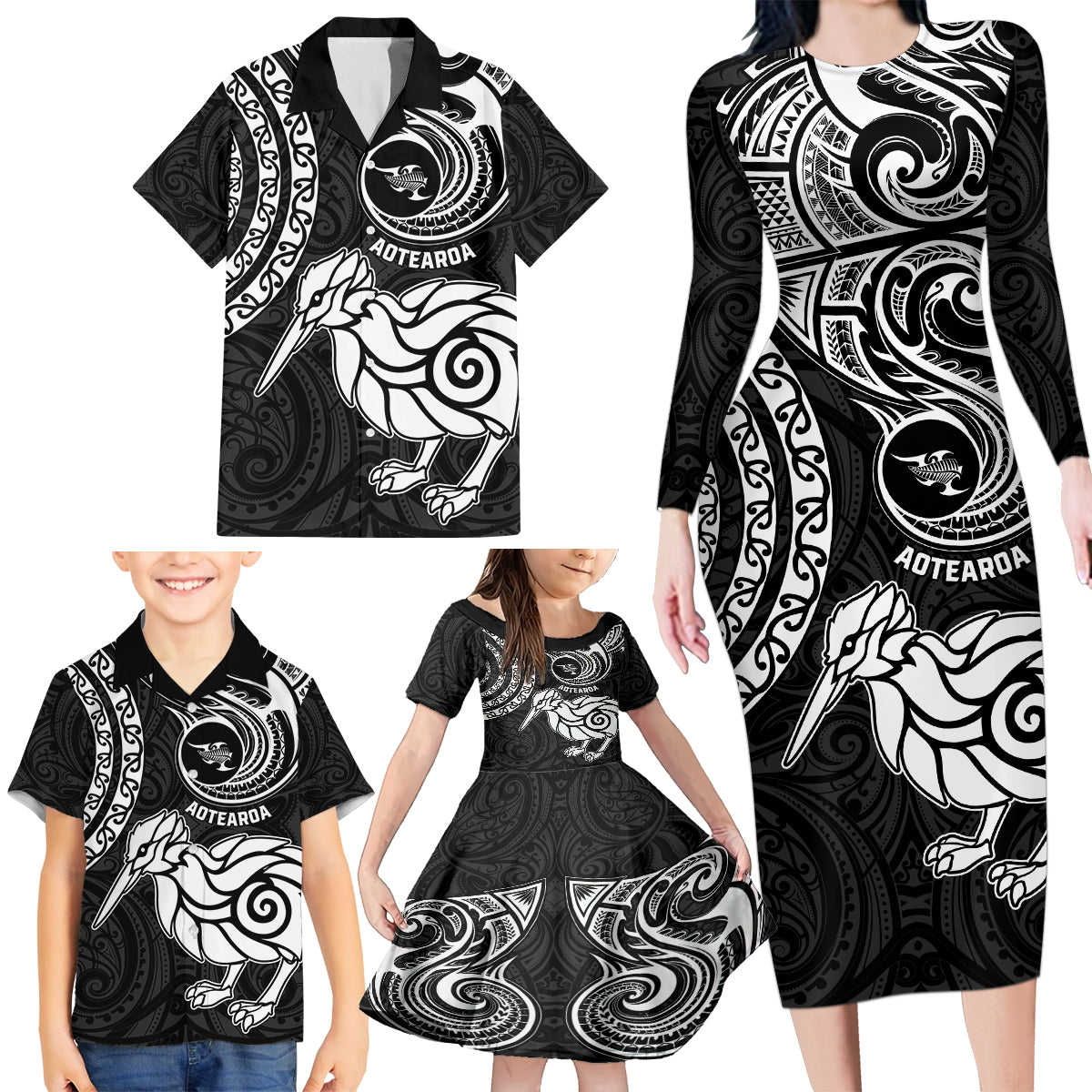 New Zealand Family Matching Long Sleeve Bodycon Dress and Hawaiian Shirt Stylized Kiwi Bird Tattoo Mix Koru Circle and Maori Ethnic Vibe LT03 - Polynesian Pride