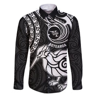 New Zealand Family Matching Off Shoulder Maxi Dress and Hawaiian Shirt Stylized Kiwi Bird Tattoo Mix Koru Circle and Maori Ethnic Vibe LT03 Dad's Shirt - Long Sleeve Black - Polynesian Pride