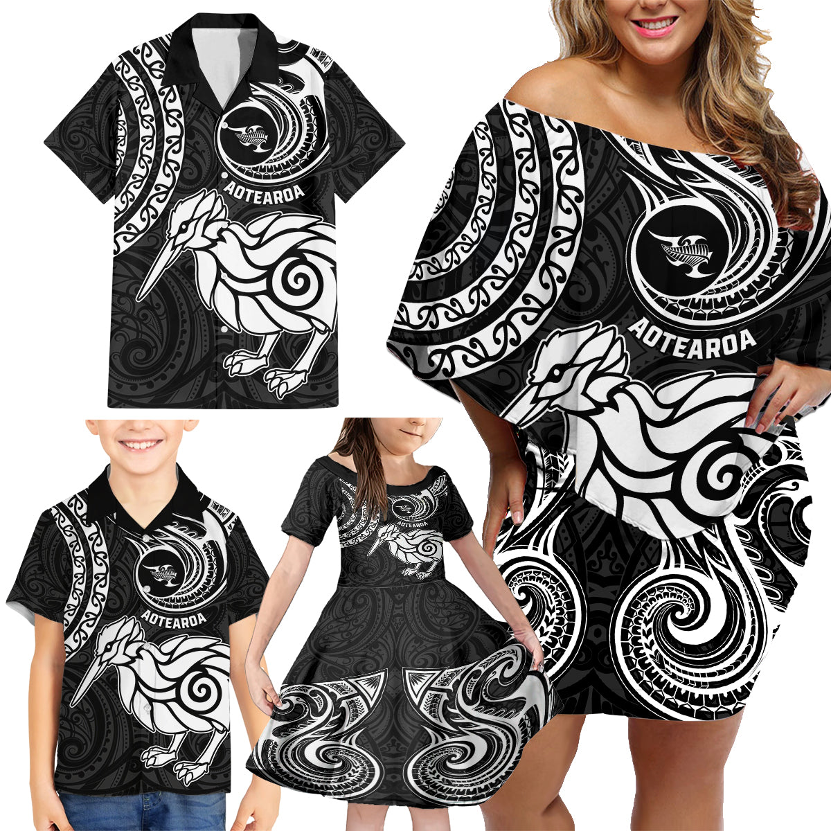 New Zealand Family Matching Off Shoulder Short Dress and Hawaiian Shirt Stylized Kiwi Bird Tattoo Mix Koru Circle and Maori Ethnic Vibe LT03 - Polynesian Pride