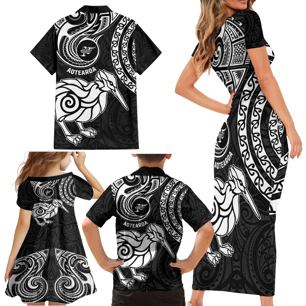 New Zealand Family Matching Short Sleeve Bodycon Dress and Hawaiian Shirt Stylized Kiwi Bird Tattoo Mix Koru Circle and Maori Ethnic Vibe LT03 - Polynesian Pride