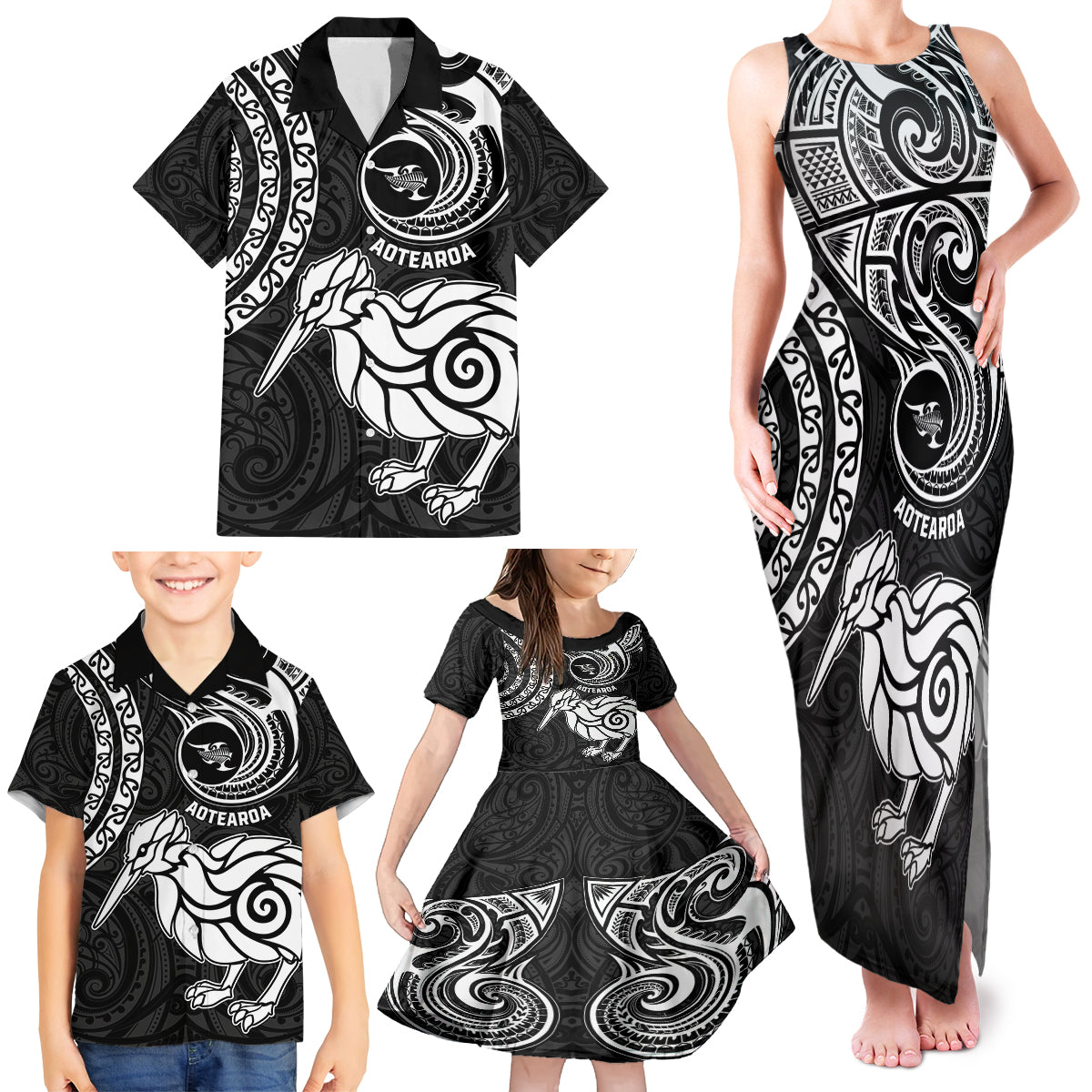 New Zealand Family Matching Tank Maxi Dress and Hawaiian Shirt Stylized Kiwi Bird Tattoo Mix Koru Circle and Maori Ethnic Vibe LT03 - Polynesian Pride