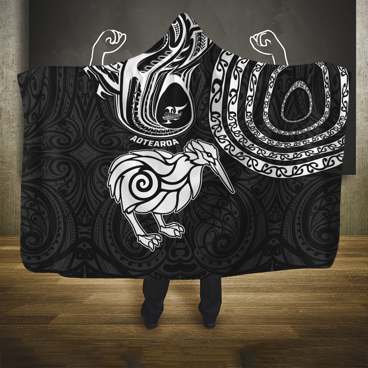 New Zealand Hooded Blanket Stylized Kiwi Bird Tattoo Mix Koru Circle and Maori Ethnic Vibe LT03 One Size Black - Polynesian Pride