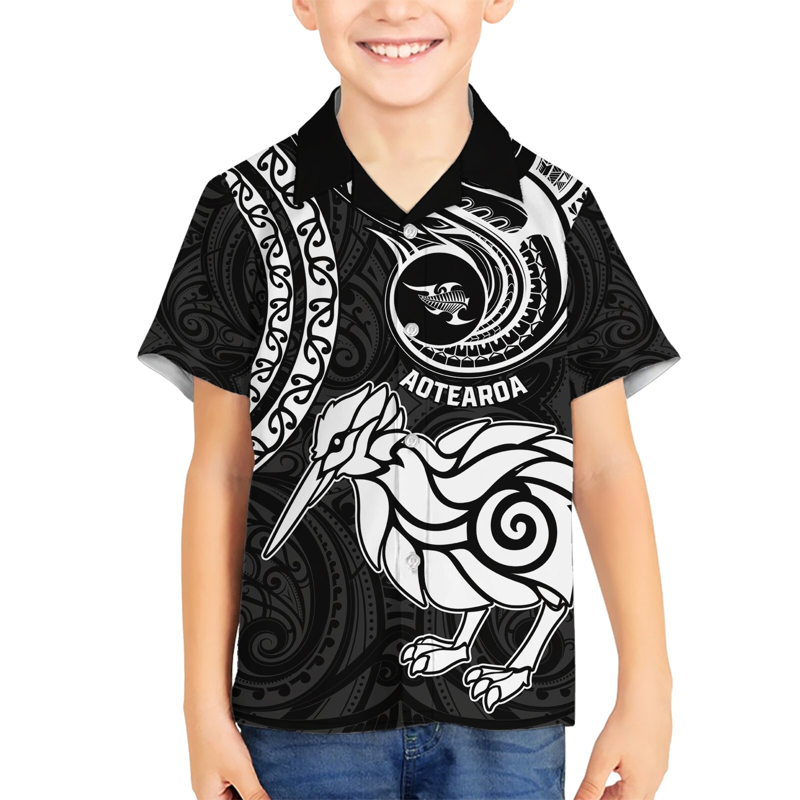 New Zealand Kid Hawaiian Shirt Stylized Kiwi Bird Tattoo Mix Koru Circle and Maori Ethnic Vibe LT03 Kid Black - Polynesian Pride