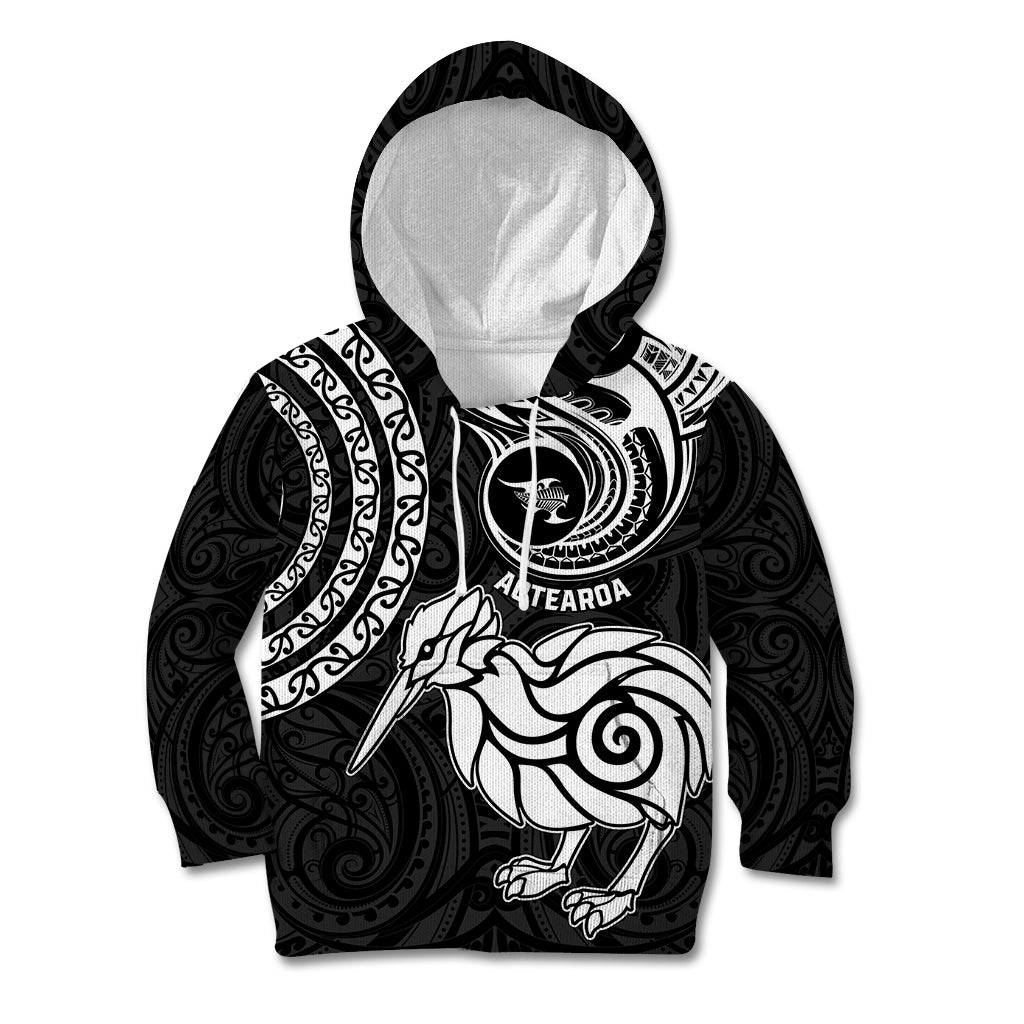 New Zealand Kid Hoodie Stylized Kiwi Bird Tattoo Mix Koru Circle and Maori Ethnic Vibe LT03 Hoodie Black - Polynesian Pride