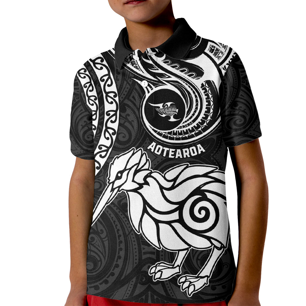 New Zealand Kid Polo Shirt Stylized Kiwi Bird Tattoo Mix Koru Circle and Maori Ethnic Vibe LT03 Kid Black - Polynesian Pride