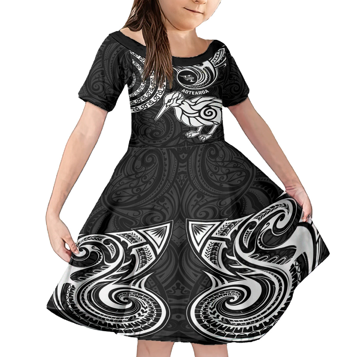 New Zealand Kid Short Sleeve Dress Stylized Kiwi Bird Tattoo Mix Koru Circle and Maori Ethnic Vibe LT03 KID Black - Polynesian Pride